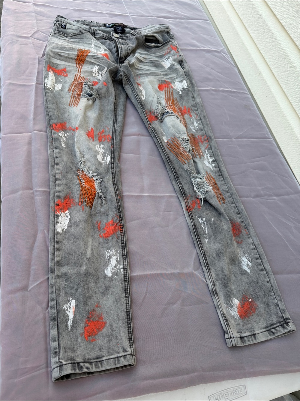 Slim Gray Men’s Jeans with Orange & White Paint Accents